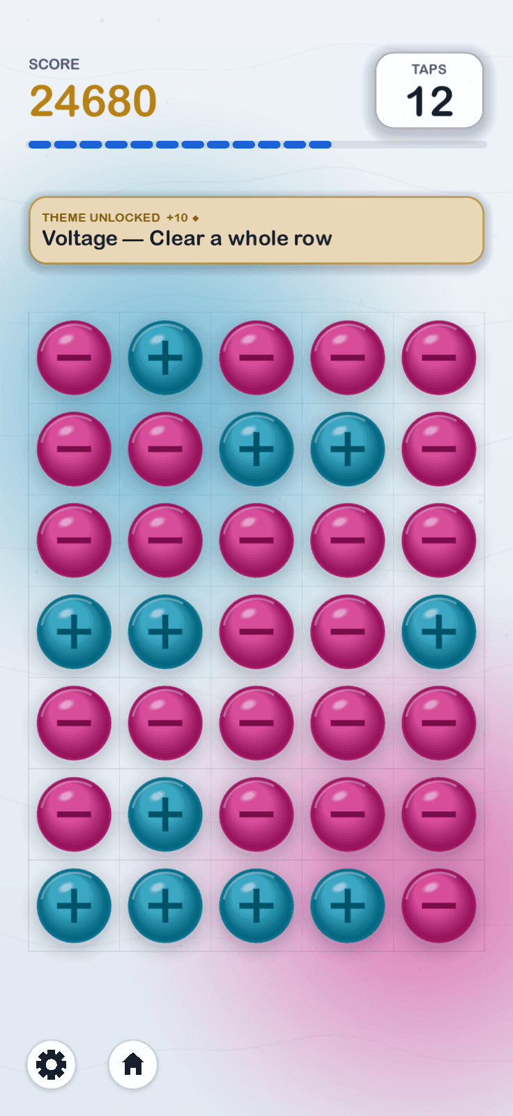 A gold THEME UNLOCKED card reading Voltage — Clear a whole row, over a grid just repainted in teal and magenta