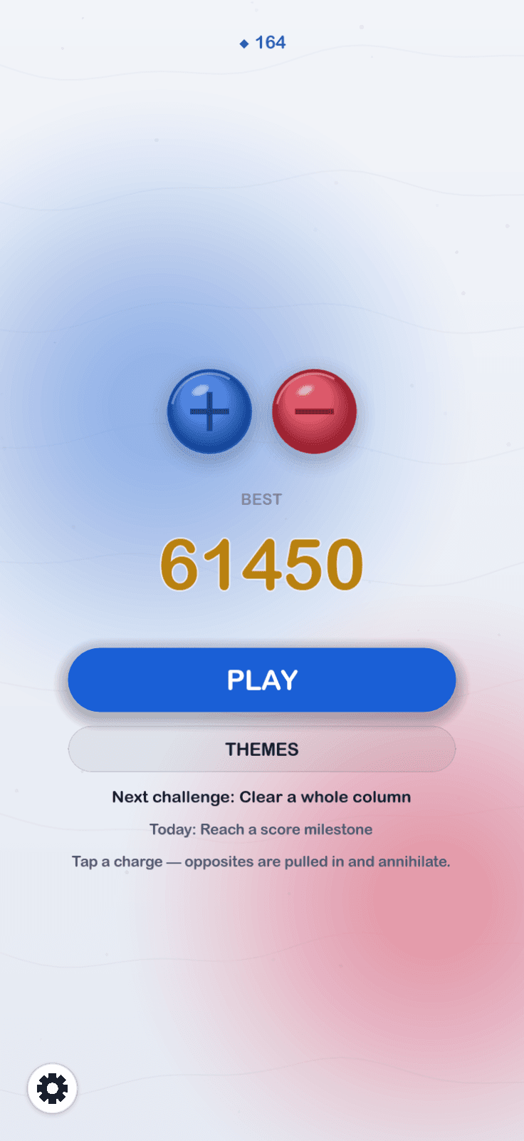 The home screen with the plus-minus logo, a best score of 61450, a PLAY button and the next challenge
