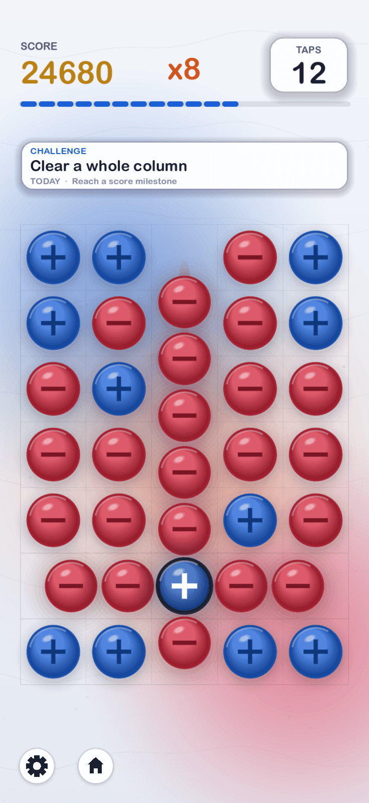 An x8 streak multiplier over a board stained warm as a long column of charges is pulled in