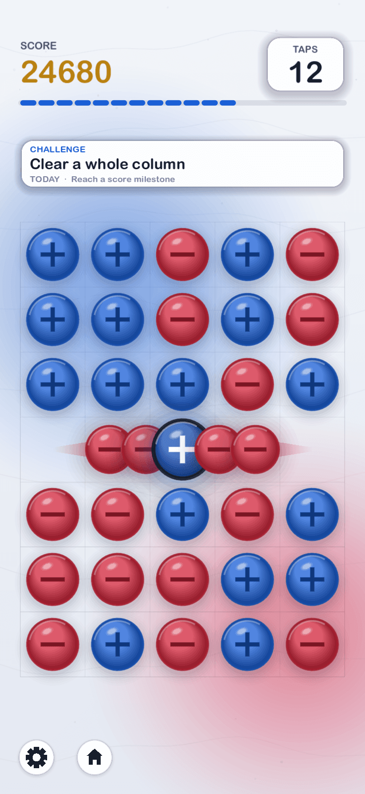 A tapped blue + charge, deepened and ringed in ink, while four red − charges are dragged in along its row